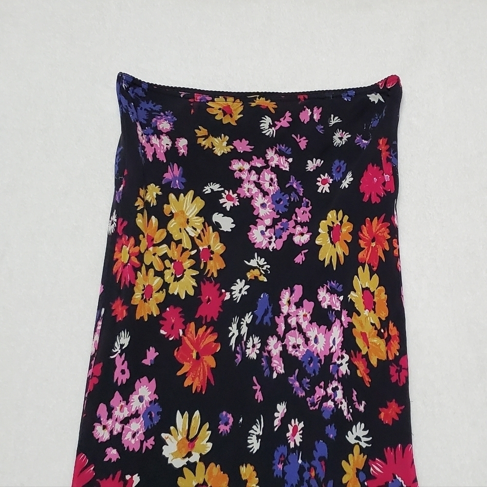 90s-Y2K Vintage Retro Express Silk Chiffon Black Multi-color Floral Midi Skirt S - Picture 9 of 13